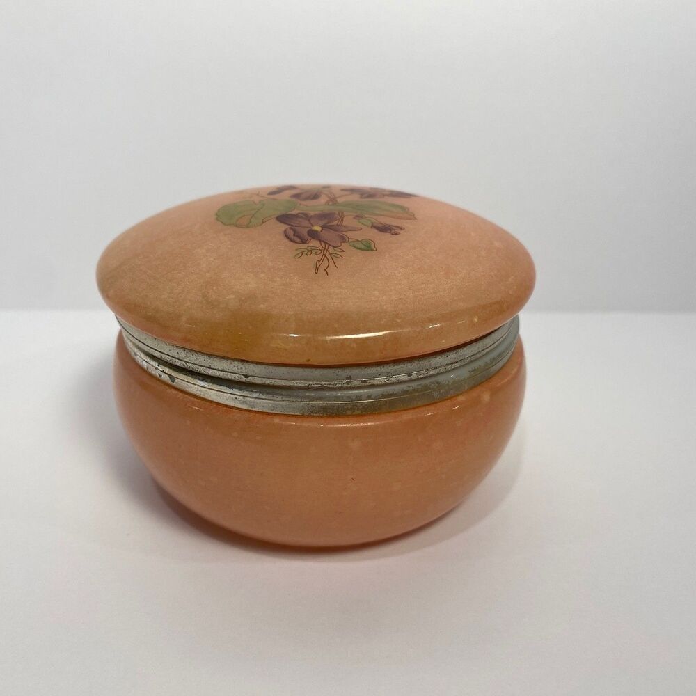 Vintage Italian Alabaster Trinket Box Boho Fairy Floral Round Jewelry